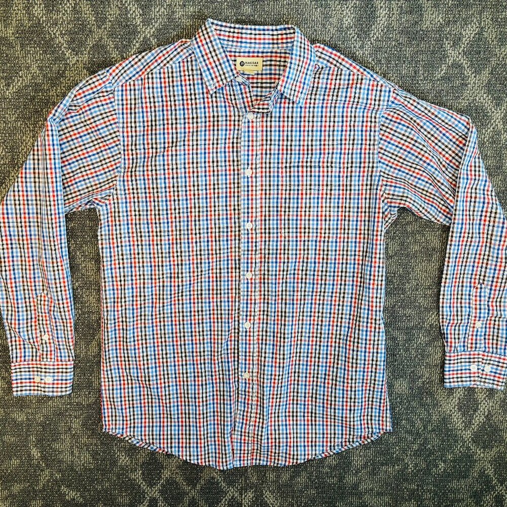 Haggar Men's Dress Shirt Size M - Blue White Checkered, Cotton Poly Blend
